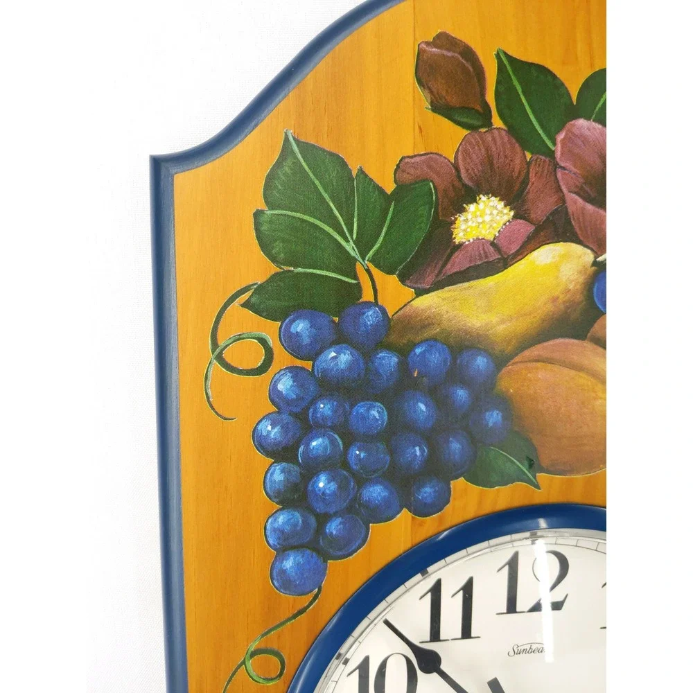 vtg Sunbeam Wood Wall Clock Brown Blue Fruit Floral J.C. Walden 1994 20